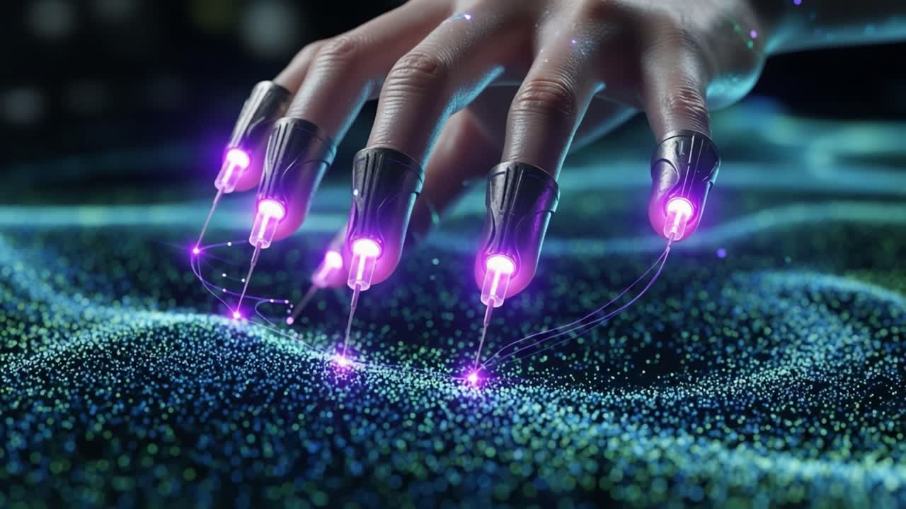 An Intricate Display of Advanced Technology: A Futuristic Hand with Luminous Fingers Interacting with a Dynamic Surface of Glimmering Particles