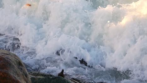 olas del mar rompiendo en la costa rocosa en cámara lenta