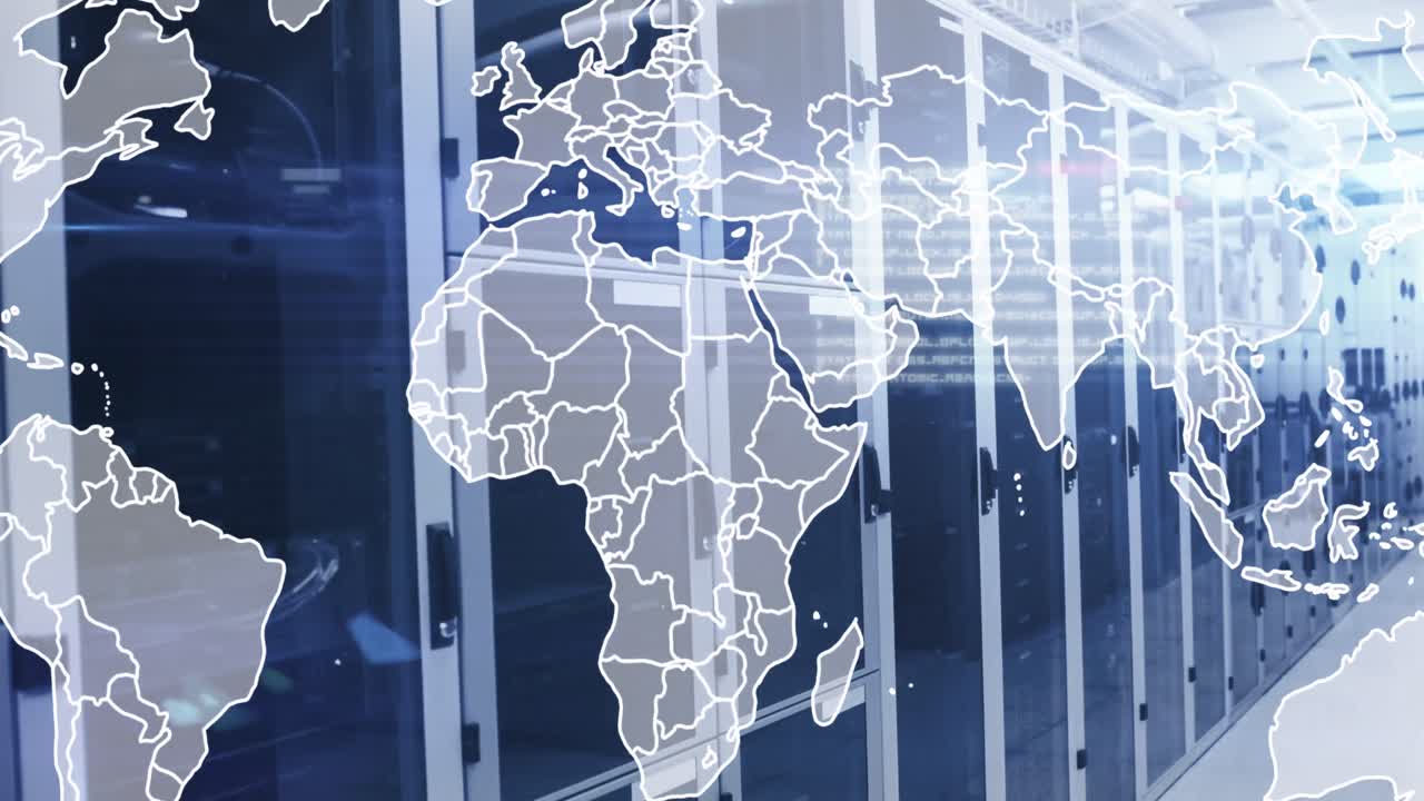 Animation of data processing over world map against computer server room