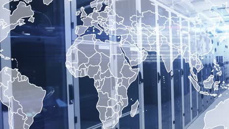 animation of data processing over world map against computer server room