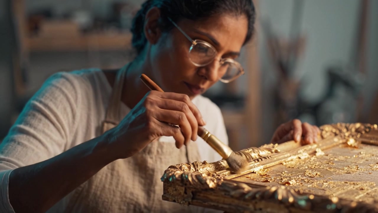 Artisan Carefully Applying Gold Leaf to Decorative Frame, Showcasing Meticulous Craftsmanship and Attention to Detail in a Cozy Workshop Environment