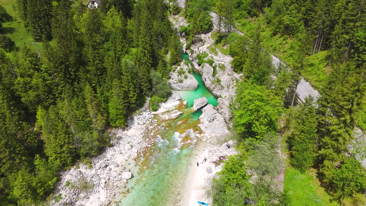 Velika Korita Soce runs through Trenta Valley in Slovenia Aerial