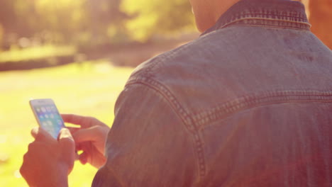 Rear-view-of-man-using-his-smartphone-in-the-park