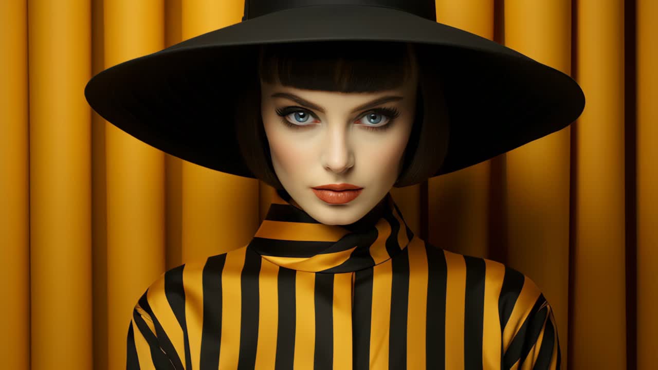 Woman with black hat and striped shirt against yellow curtain