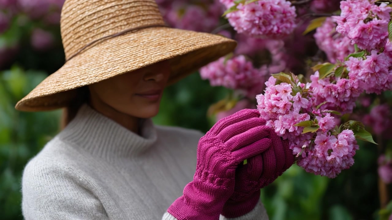 Seorang Wanita Bertopi Lebar dan Sarung Tangan Merah Muda dengan Lembut Menyentuh Bunga di Pohon Sakura, Dikelilingi Taman Asri Penuh Bunga Merah Muda Cerah.
