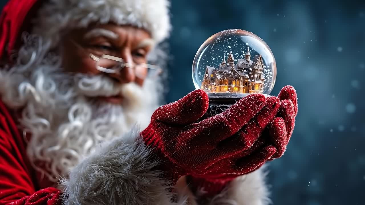 A santa claus holding a snow globe with a house inside of it