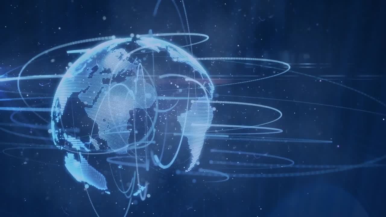 Digital animation of light trails over spinning globe on blue background