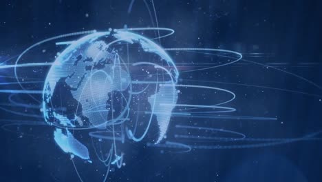 digital animation of light trails over spinning globe on blue background