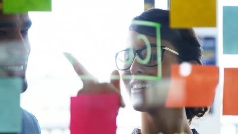 executives discussing over sticky notes on glass wall