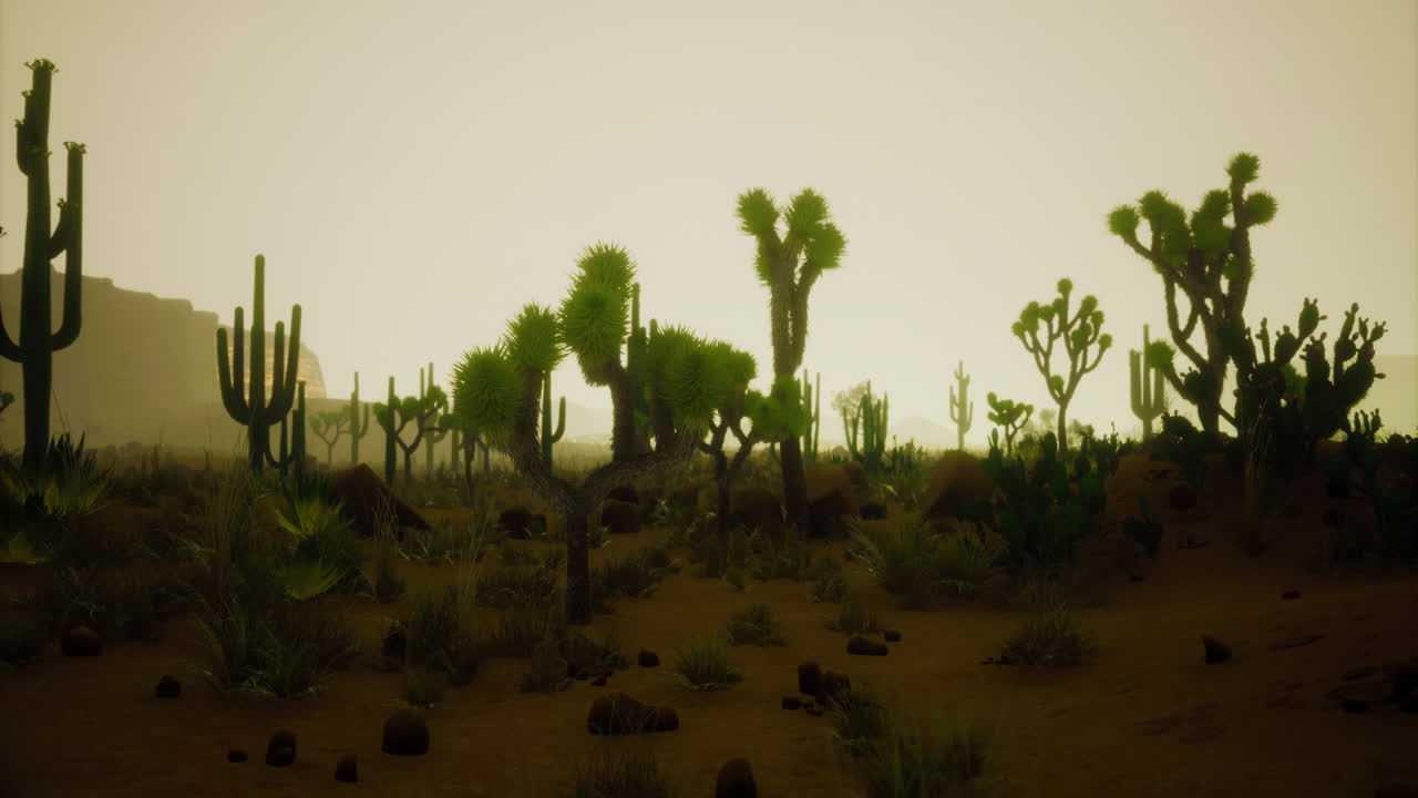 Desert landscape with cacti under hazy sky at twilight hour