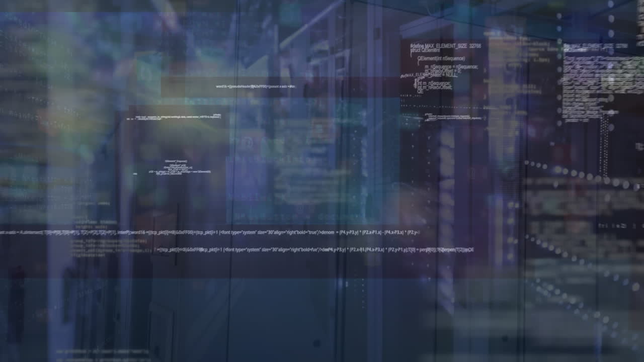 animación de puntos de luz flotantes y procesamiento de datos contra la sala de servidores de computadora vacía.