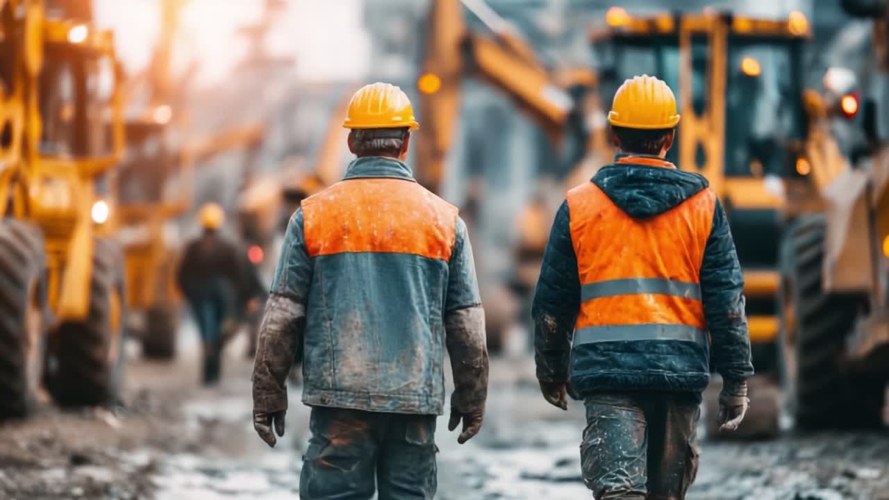 Construction Workers in Safety Gear Progressively Walking Towards Heavy Machinery in a Busy Construction Site with a Warm Atmospheric Glow