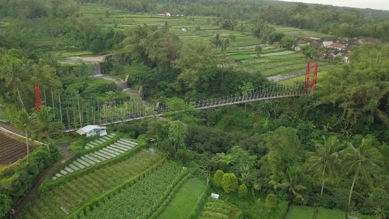 vista aérea de drones del puente colgante, el valle y el río con cascada