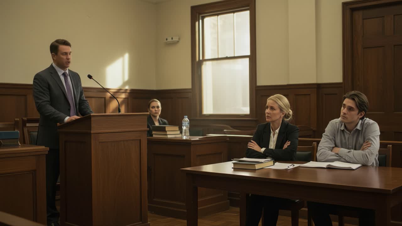 Intense Courtroom Drama Unfolds as Lawyers Present Their Case, Exploring the Tension and Dynamics of Legal Proceedings in a Formal Setting
