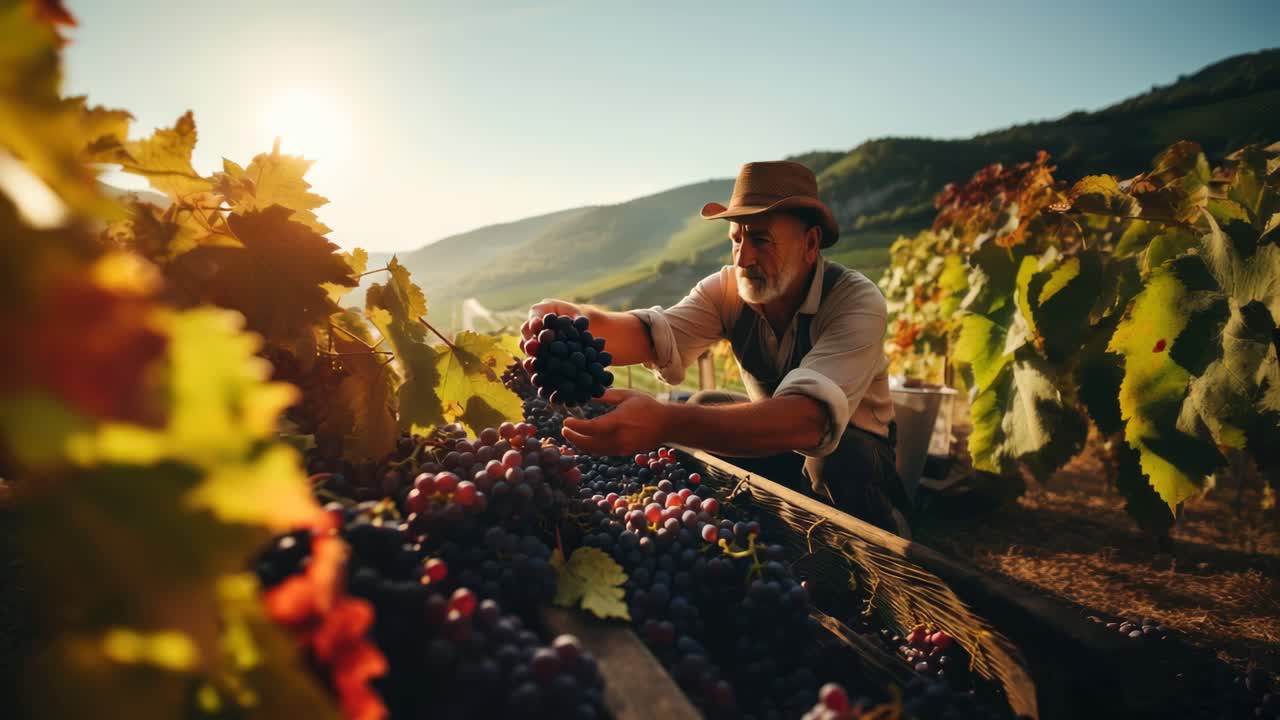 Una serena scena di vigneto immortalata al tramonto, con un agricoltore che raccoglie l'uva