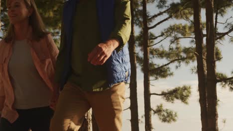 active senior couple walking in forest