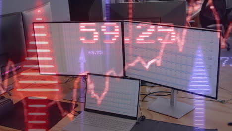 animation of financial data processing over computers on office desk