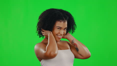 Hair-shake,-green-screen-and-face-of-woman