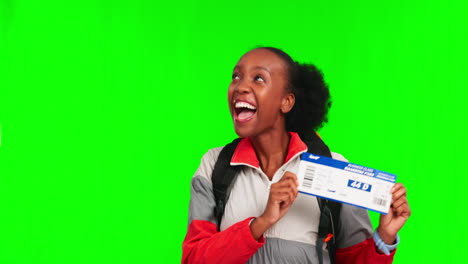 mujer negra, viajar y emocionado en la pantalla verde