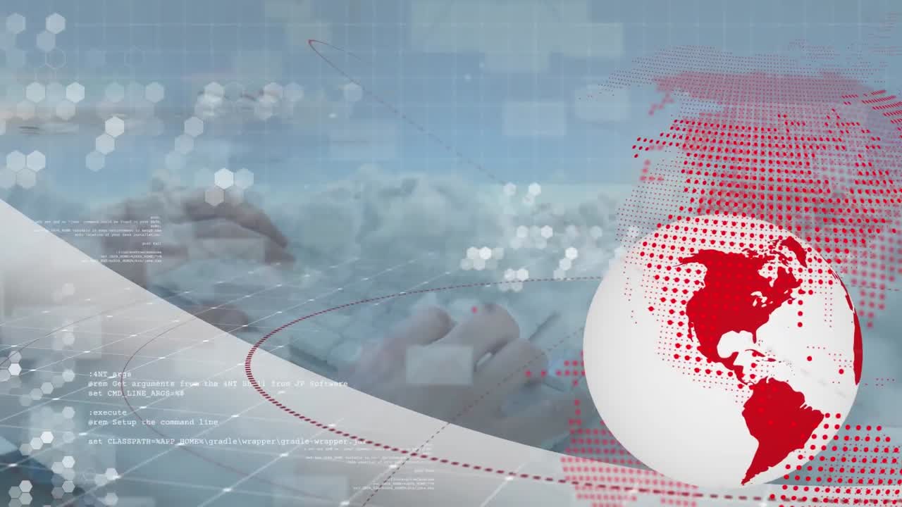 지구의 애니메이션과 키보드에 타이핑하는 손을 통해 데이터 처리