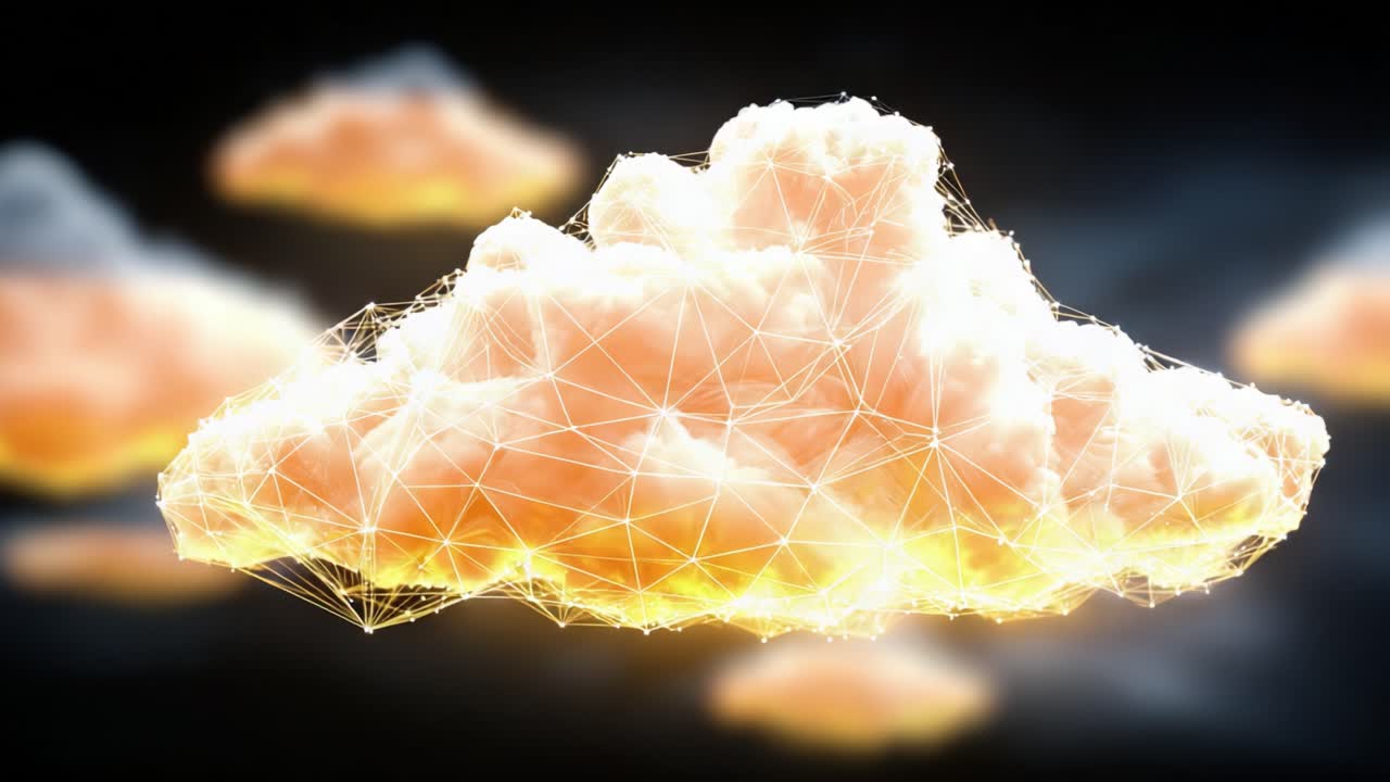 A Captivating Visualization of a Cloud, Merging Realism with Technology, Showcasing its Ethereal Beauty and Intricate Geometric Patterns in a Dark Atmosphere