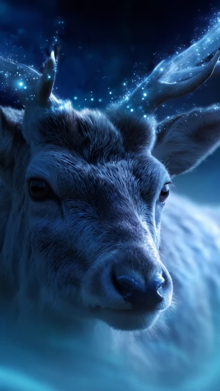 A Majestic Mystical Creature Stands in a Dreamlike Atmosphere, Illuminated by Sparkling Lights That Dance Around Its Antlers, Creating a Surreal and Enchanting Visual Delight