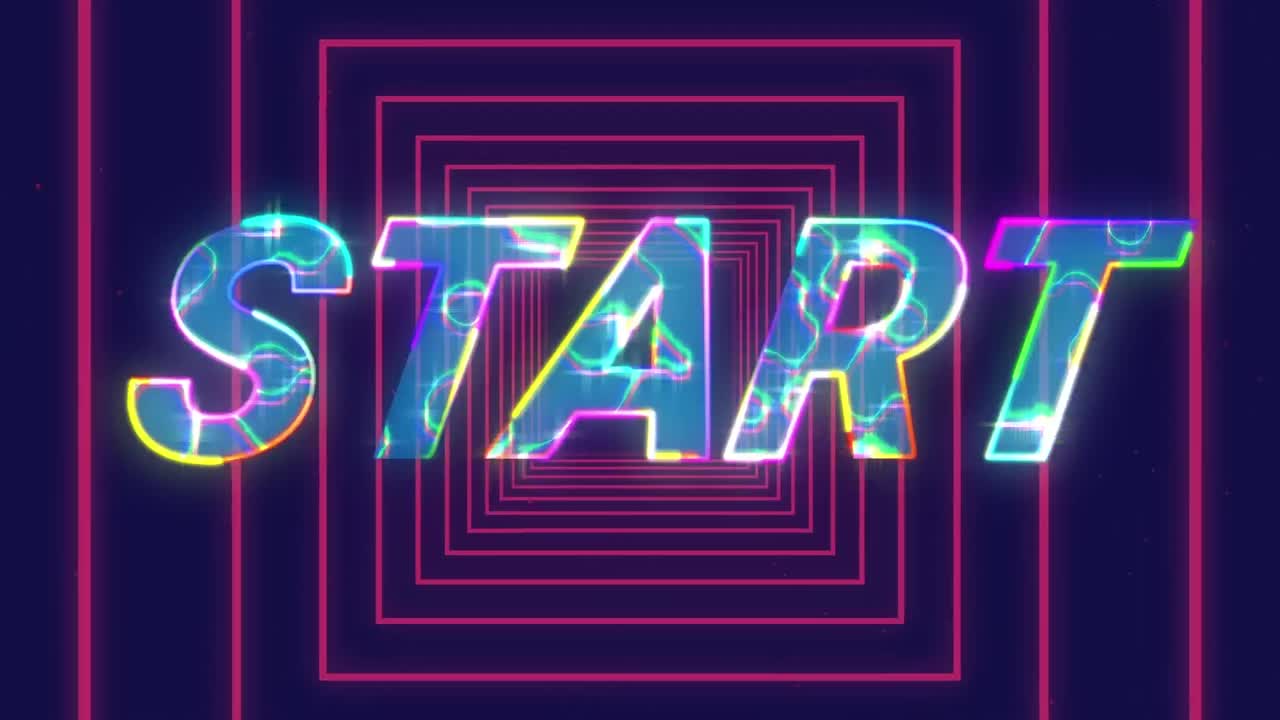 efecto eléctrico sobre el texto de inicio contra cuadrados rojos en movimiento continuo sobre fondo negro