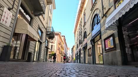 calle de adoquines con tiendas y peatones