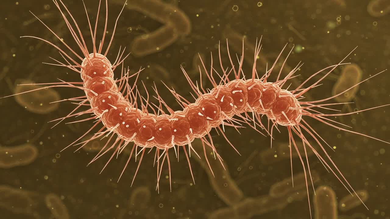 A Microscopic View of a Vibrant Bacterial Organism Exhibiting Characteristic Hair-Like Structures and Distinctive Shape Under a High-Definition Lens