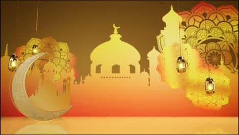 eid mubarak animated motion graphics with moon and masjid with islamic mandala background. traditional islamic religious lantern mosque. ramadan celebration. arabic culture festival decoration
