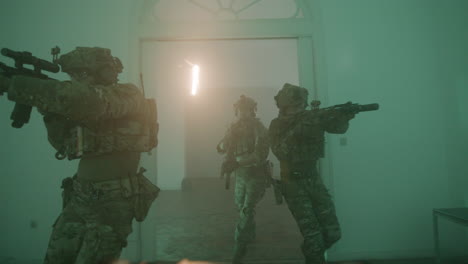 soldiers in camouflage uniform and rifles slowly entering a ruined building