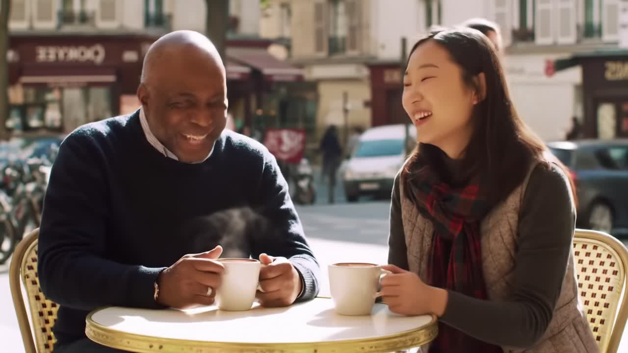 A Joyful Encounter: Two Friends Share Warm Moments Over Coffee in a Cozy Caf?, Laughing and Enjoying Each Other's Company on a Sunny Day