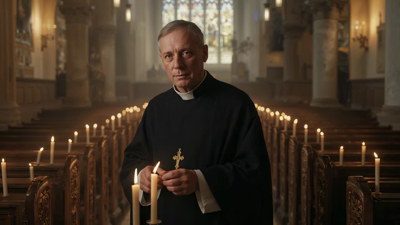 Ein Priester, der eine brennende Kerze zur Docht eines Kandelabers im Kirchenschiff bringt, mit Talar und Kreuz, beim Beten