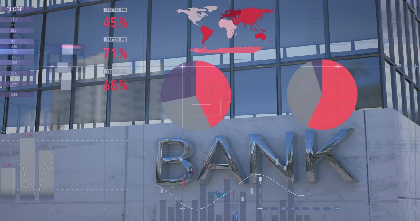 Banka binası üzerinde finansal veri işleme animasyonu