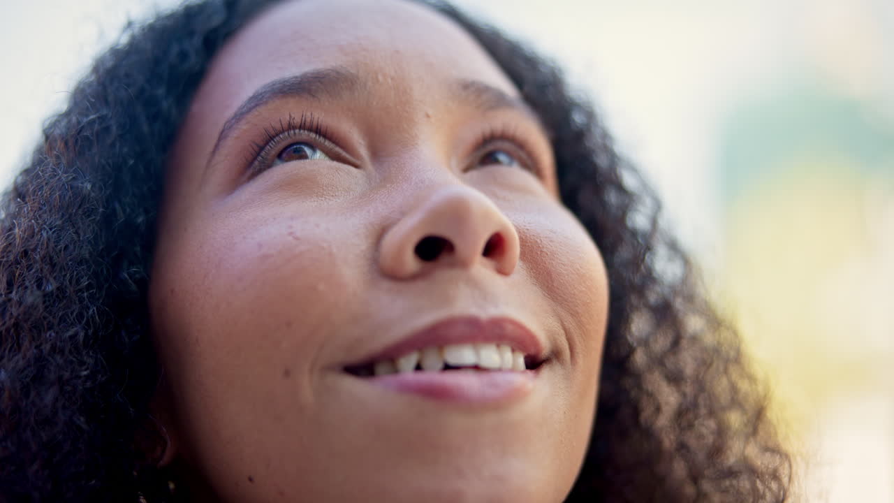 Face, idea and smile with a woman outdoor