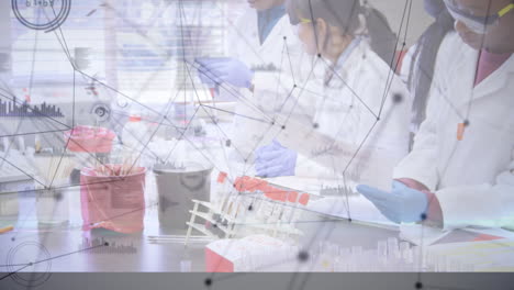 animation of network of connections with data processing over scientists in laboratory