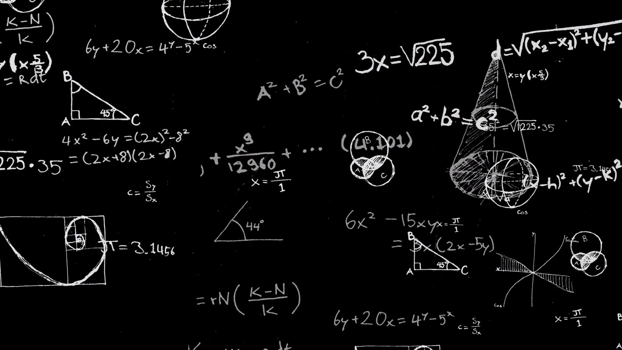 Wide-scatter 3D hand-drawn math formulas drifting in white on black. Overlay or background for educational and cinematic work.