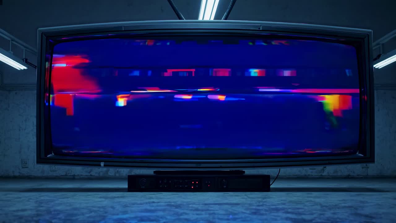 Un'immagine grandangolare di uno schermo video distorto che mostra una figura in silhouette su uno sfondo glitch vibrante