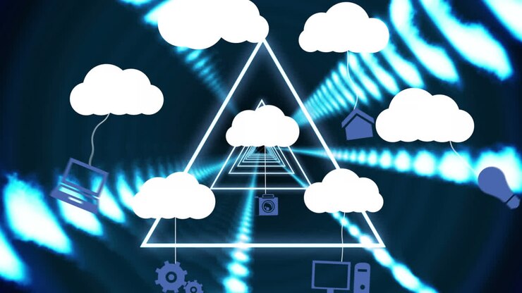 Animation of clouds with icons over moving shapes