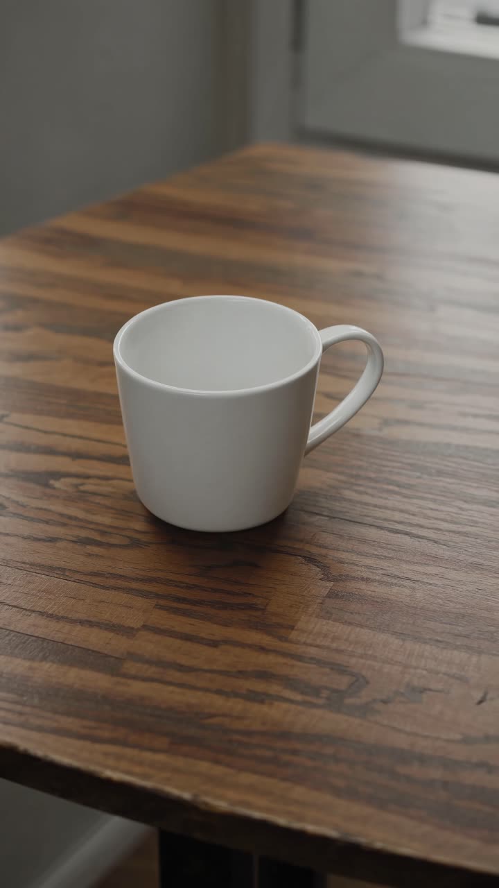A minimalist video concept featuring a white mug on a wooden table