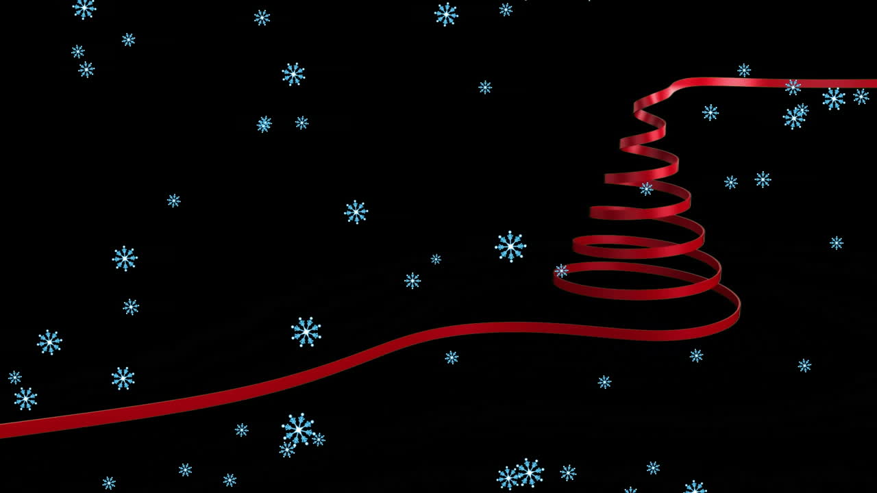 animación de la línea roja haciendo la forma del árbol de navidad sobre la nieve cayendo sobre un fondo negro