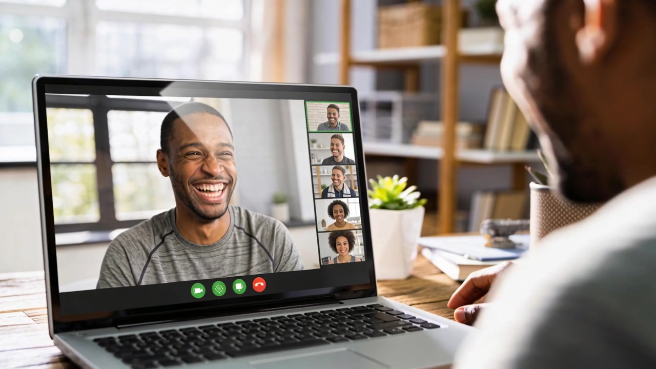 Smiling onscreen man in grey crewneck turning to laugh on desk call, viewer leaning touching laptop