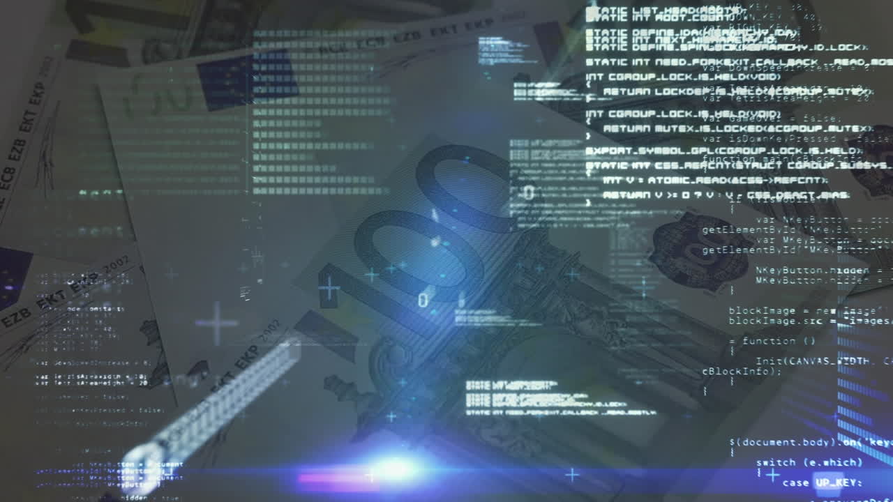 Animation of data processing over euro banknotes