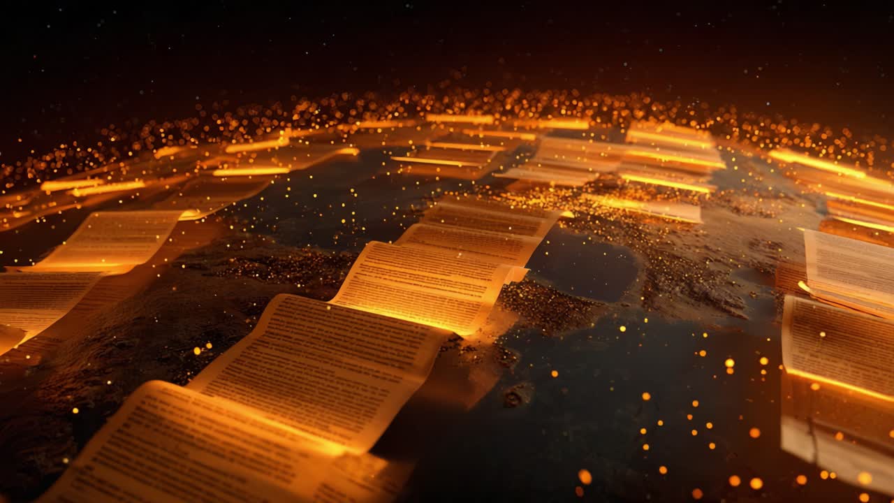 Golden light from endless glowing books illuminating a dark planet, symbolizing the global flow of information, history, knowledge, and education in a seamless and captivating animated loop