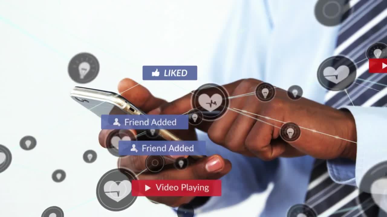 Animation of notification bars, connected icons, midsection of african american man using cellphone