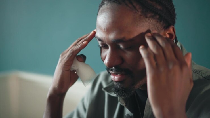 Black man massaging temples for migraine relief, closeup on strained expression and tense forehead, home setting with calm lighting, selfcare techniques and breathing suggested by clinician