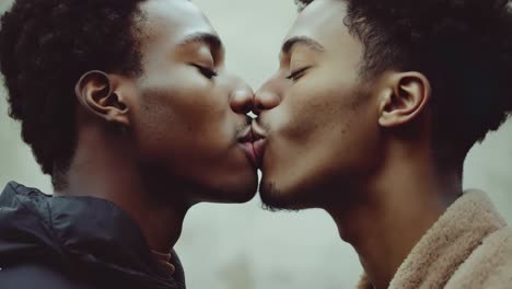 a couple of men kissing each other in front of a building