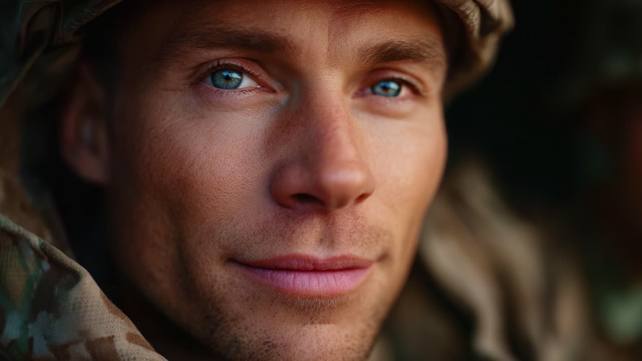 Un primo piano di un soldato con un sorriso sicuro, che mostra determinazione e cameratismo, ambientato su uno sfondo sfocato di altri soldati in tenuta militare