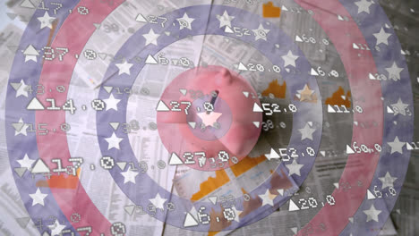 stock market data processing and piggy back falling against stars on spinning circles