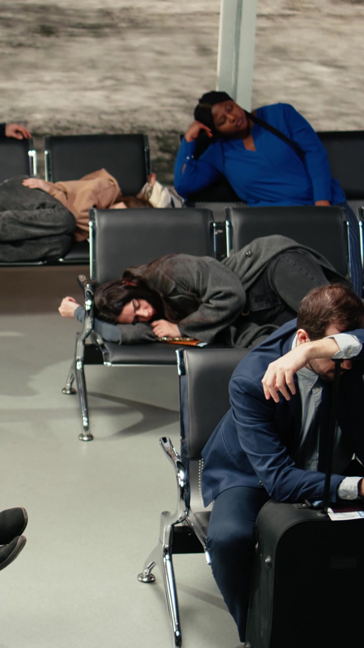 Video verticale: Persone stanche in una sala d'attesa dell'aeroporto sdraiate su panchine metalliche.